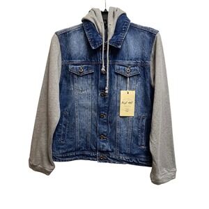 Blue Age Kids Denim Jacket Hoodie Hybrid Medium Wash Gray Sleeves Large JK-3104